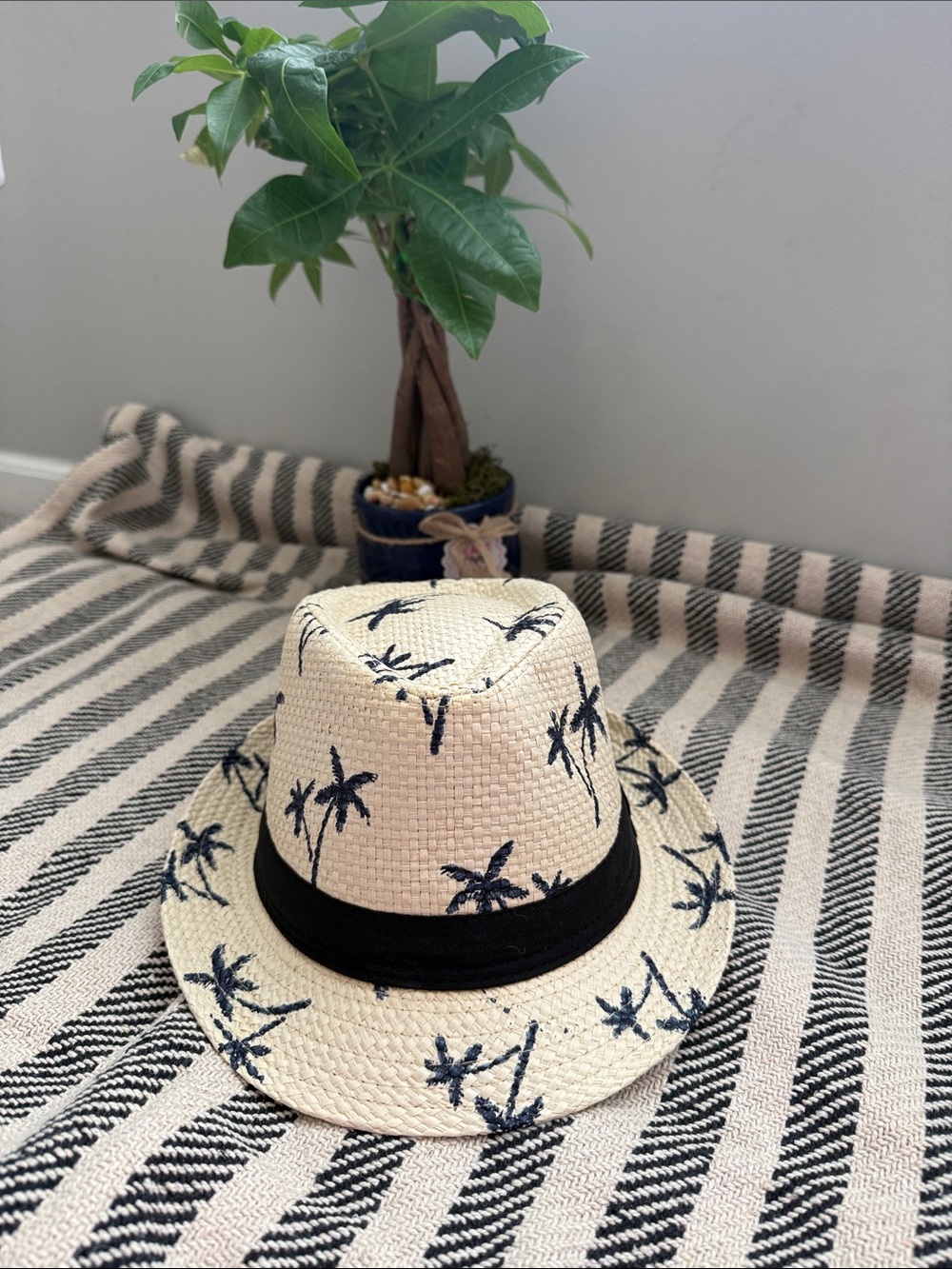 Women’s Straw Fedora Hat with Navy Palm Print and Black Band